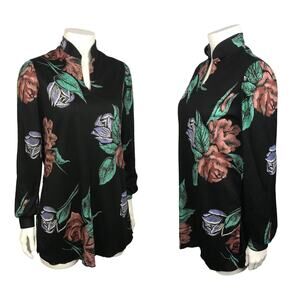 Vintage 70s Black Rose Disco Tunic Blouse Top / Women’s Small -